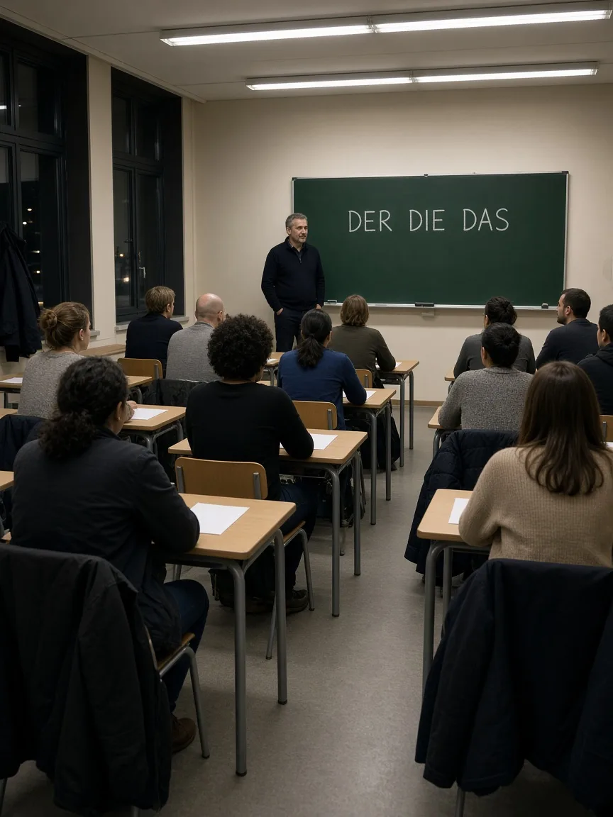 Abendlicher Deutschkurs mit Erwachsenen vor einer Tafel mit den Artikeln der, die, das