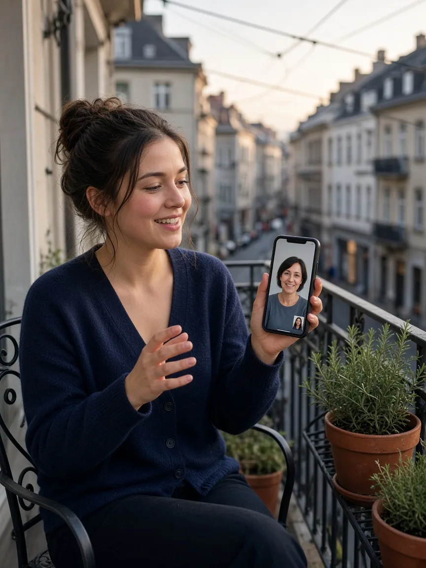 Junge Frau auf dem Balkon spricht per Videoanruf auf dem Smartphone mit einer Tutorin